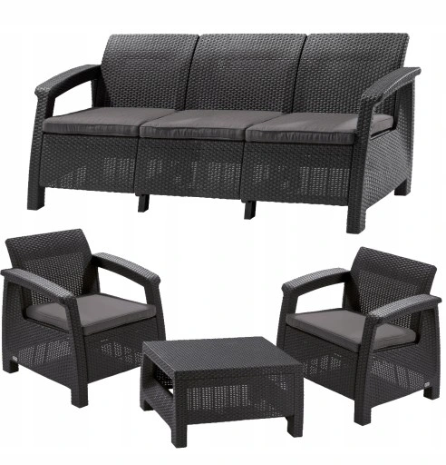 KOMPLET MEBLI WYPOCZYNKOWY RATTAN CORFU MAX GRAFIT 5 OS ALIBERT OGRÓD