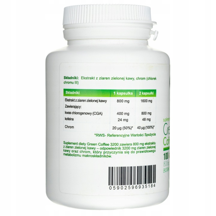 Aliness Zielona Kawa Chrom Kofeina Odchudzanie Energia Umysł 100 kapsułek