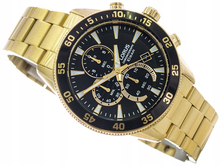 MĘSKI ZEGAREK LORUS RM330JX9 ZŁOTY NA BRANSOLECIE CHRONOGRAF DATA 100M
