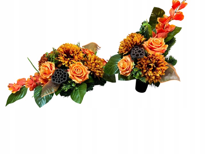 Stroik na cmentarz RÓŻE, komplet z flakonem CHRYZANTEMY bukiet do wazonu