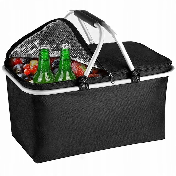 KOSZ CZARNY KOSZYK PIKNIKOWY SKŁADANY TERMICZNY + 2 WKŁADY CHŁODZĄCE