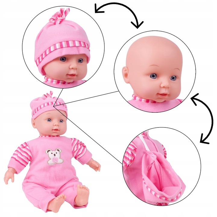 LALKA BOBAS W ŚPIOSZKACH MÓWI ŚMIEJE SIĘ 34CM MIĘKKA ŚLICZNA UBRANKO CZAPKA