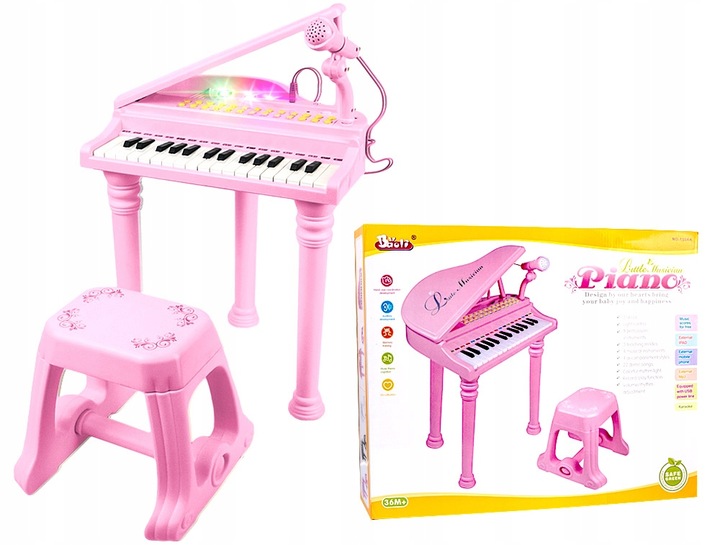 PIANINO DLA DZIECI NAUKA GRY ORGANKI MIKROFON MP3 RÓŻOWE PIANINKO + TABORET