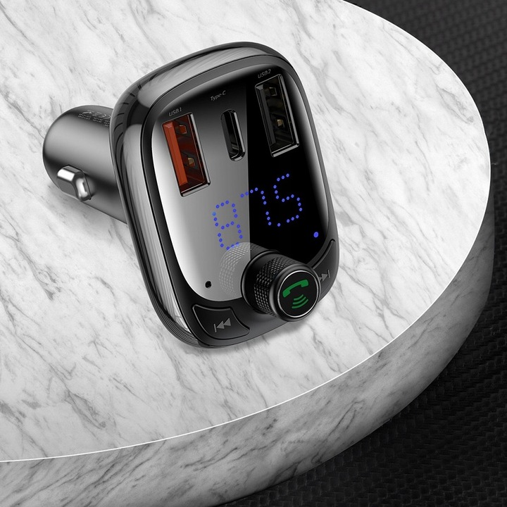 BASEUS ładowarka samochodowa 2xUSB A+TypC+transmitter FM BT PD QC4.0 5A 36W