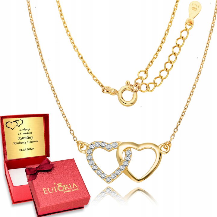 Złoty Łańcuszek 925 Naszyjnik Serce Dwa Serca