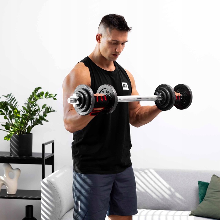 Hantle żeliwne 2x15kg zestaw z przedłużanym gryfem ryflowanym + zaciski