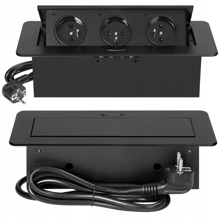 gniazdo wpuszczane chowane w blat potrójne stalowe czarne gniazdo meblowe