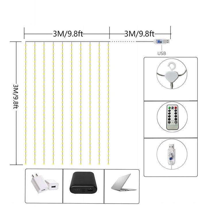 KURTYNA ŚWIETLNA Z 300 LAMPKAMI LED DO DEKORACJI POKOJU I OKNA