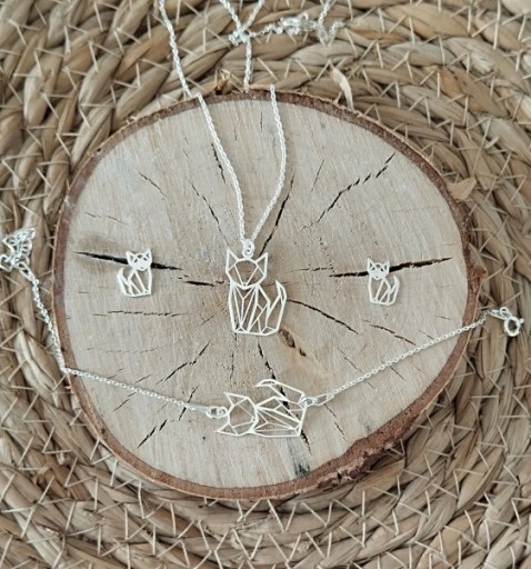 KOMPLET BIŻUTERII SREBRNEJ Z KOTKIEM KOTY KOTKI ORIGAMI 925 na prezent