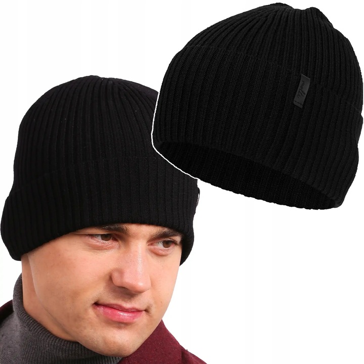 Czapka zimowa męska ciepła klasyczna CZARNA wełna MERINO na zimę 55-60