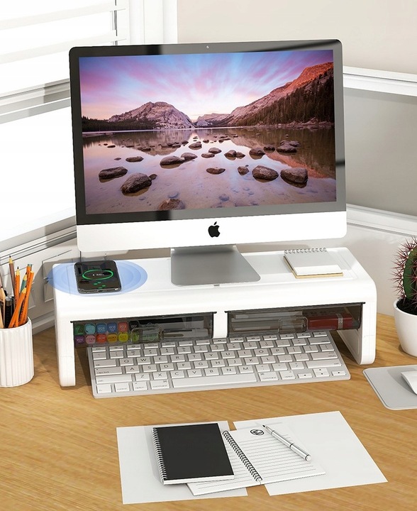 PÓŁKA PODSTAWKA POD MONITOR Z SZUFLADKAMI BIAŁA NADSTAWKA NA BIURKO RK2