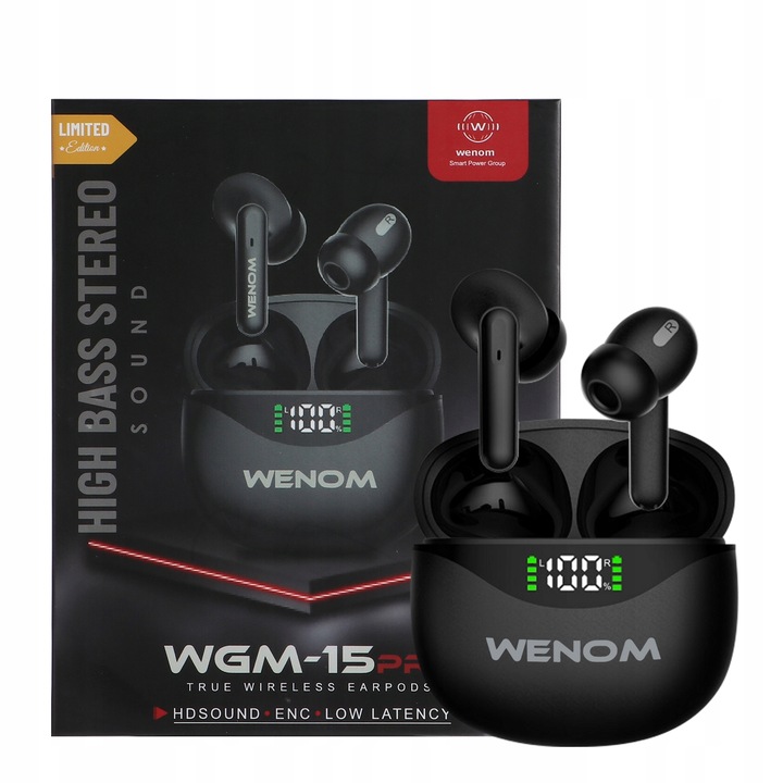 Słuchawki Bluetooth Bezprzewodowe Bluetooth Douszne Czarne Wenom WGM 15 pro