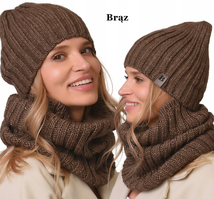 damski Komplet brązowyi zimowy CZAPKA Z KOMINEM ciepły ZESTAW polski Be4