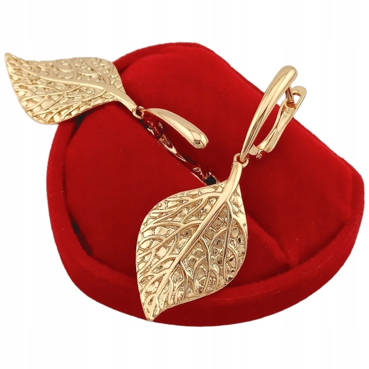 Złote kolczyki wiszące liście eleganckie pozłacane antyalergiczne