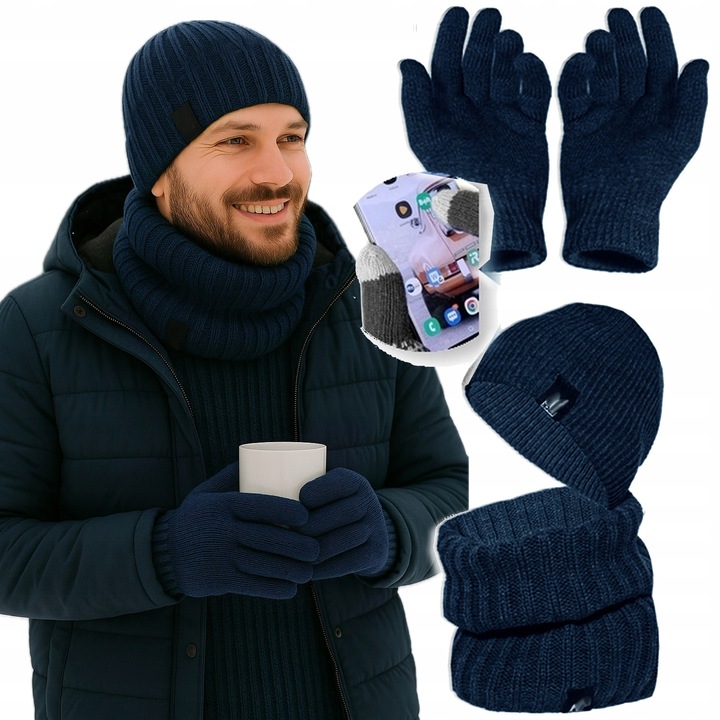 CIEPŁY KOMPLET męski CZAPKA + KOMIN + RĘKAWICZKI DOTYKOWE zimowy POLSKI /RG