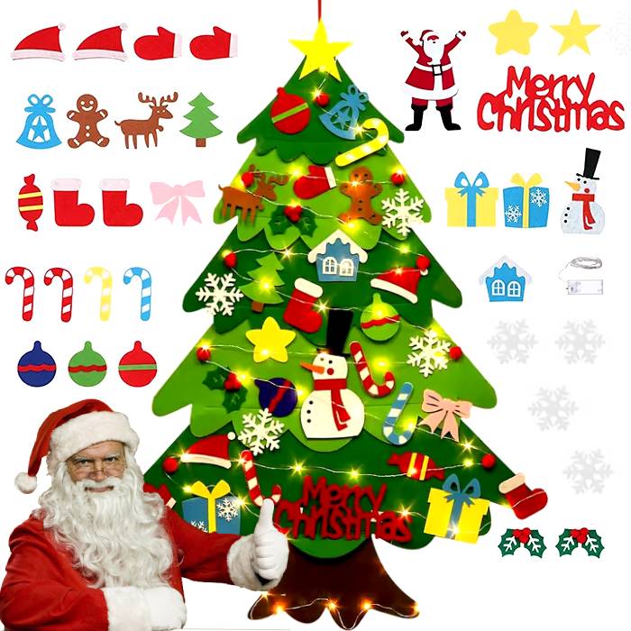 CHOINKA FILCOWA NA RZEPY Z OZDOBAMI DLA DZIECI ŚWIATEŁKA 50 LED NA ŚCIANĘ