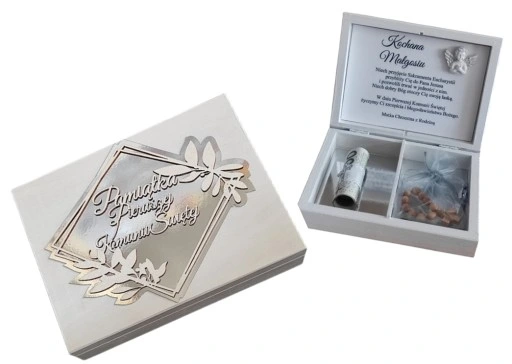 Pudełko na pieniądze prezent Pamiątka I Komunii chrzestnej dziadków aniołek