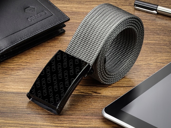 GRACIO Pasek Parciany Męski do Spodni Szary Klamra Zacisk 115cm