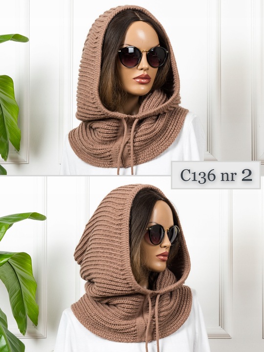 BRĄZOWY KAPTUR Z WEŁNĄ DUŻY BALACLAVA CIEPŁA CZAPKA DAMSKA JAKOŚĆ