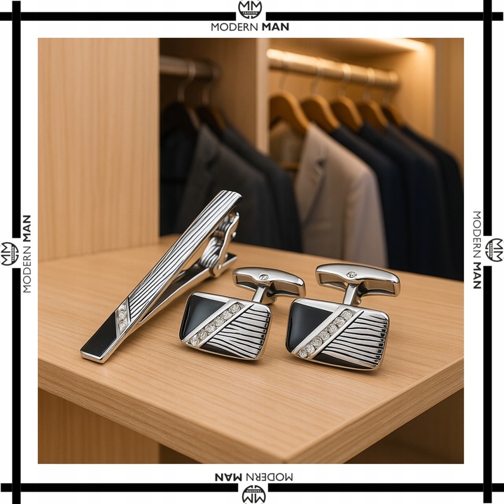 ZESTAW SPINKI DO MANKIETOW I KRAWATA SREBRNO CZARNE ELEGANCKI DLA MEZCZYZNY