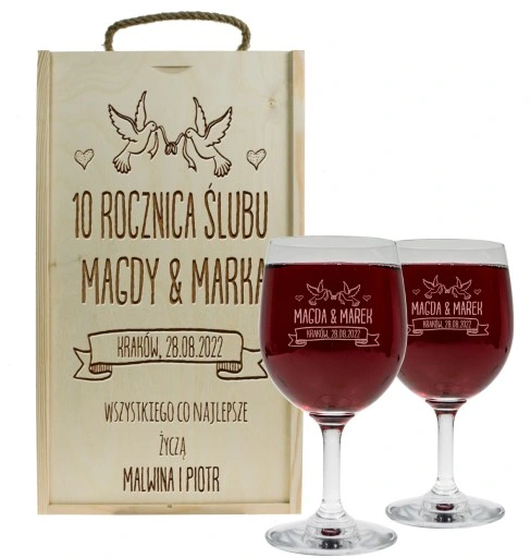 PREZENT NA ROCZNICĘ ŚLUBU SKRZYNKA PUDEŁKO NA WINO + DWA KIELISZKI GRAWER