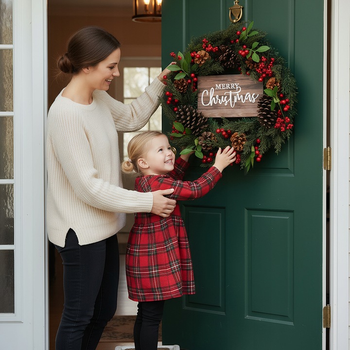 WIANEK WIENIEC DEKORACYJNY ŚWIĄTECZNY OZDOBA NA DRZWI STROIK CZERWONY 50CM