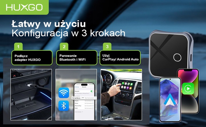 HUXGO bezprzewodowy adapter 2w1 do Apple CarPlay i Android Auto BY963A