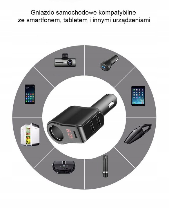 Ładowarka samochodowa z szybkim ładowaniem - 45W i Woltomierzem