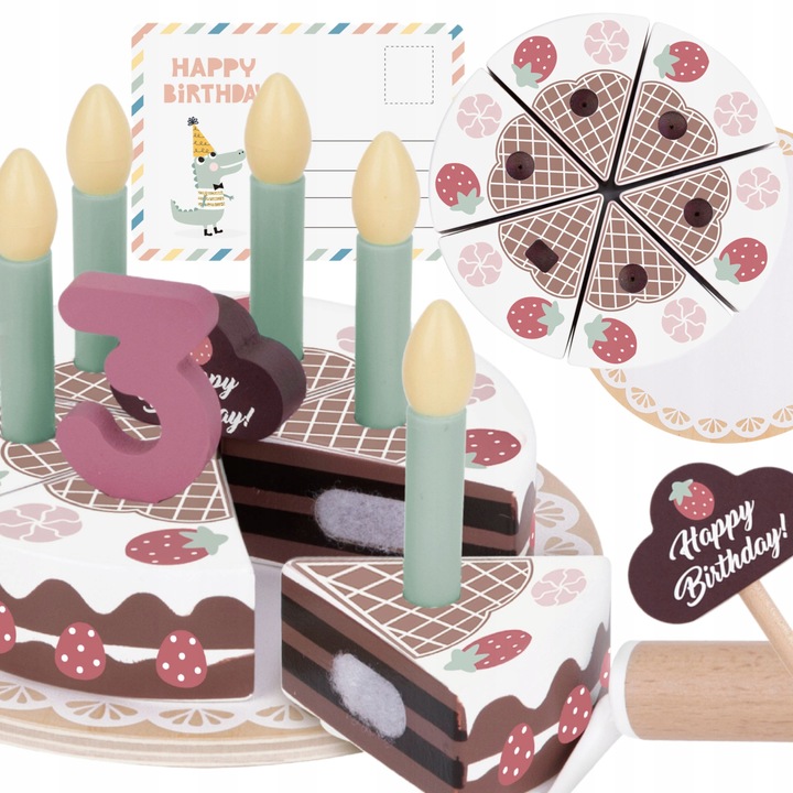 TORT URODZINOWY DREWNIANY ZE ŚWIECZKAMI TOOKY TOY