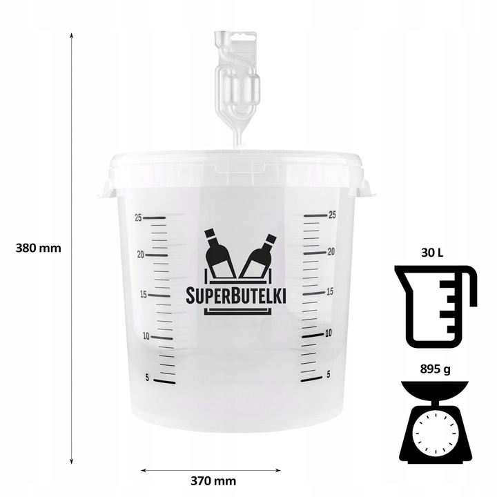 FERMENTATOR WIADRO FERMENTACYJNE 30 L na WINO PIWO z POKRYWĄ SKALĄ RURKĄ
