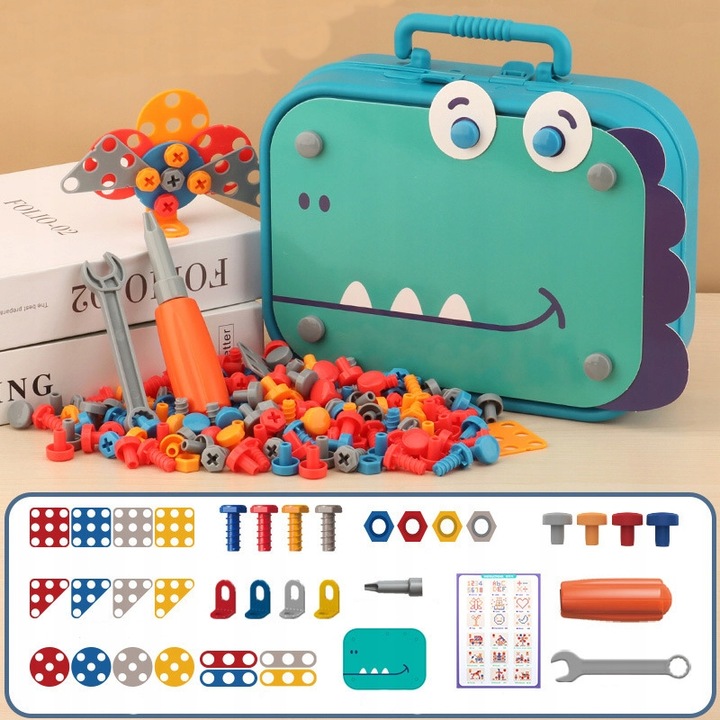 Klocki konstrukcyjne w walizce wkrętarka śrubki do skręcania dinozaur