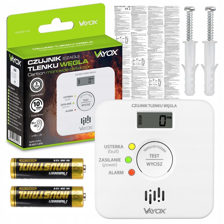 CZUJNIK CZADU DETEKTOR TLENKU WĘGLA WYKRYWACZ 10LAT ŻYWTONOŚCI 85db VAYOX