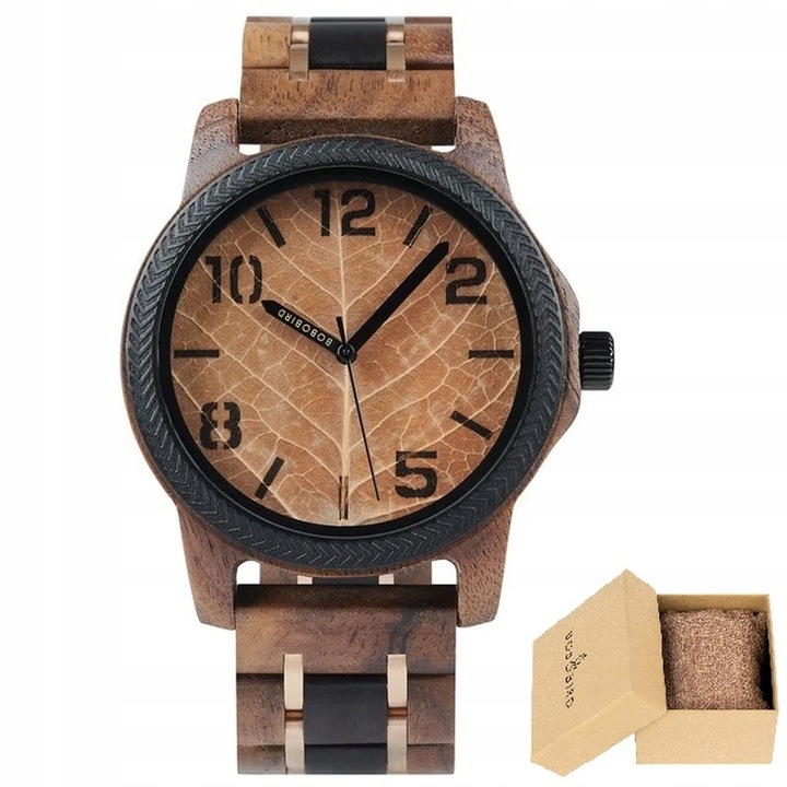DREWNIANY ZEGAREK MĘSKI BOBO BIRD T155-4 ELEGANCKI BRANSOLETA TARCZA LIŚĆ