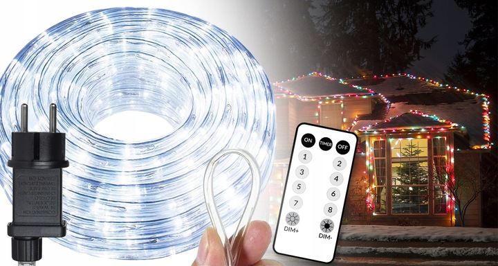 WĄŻ LED ŚWIETLNY ZEWNĘTRZNY BIAŁY ZIMNY LAMPKI PROGRAMATOR IP67 10m 230V