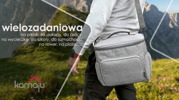 SOLIDNA TORBA TERMICZNA NA LUNCH PIKNIK 2 KOMORY + KIESZENIE PASEK SZARA