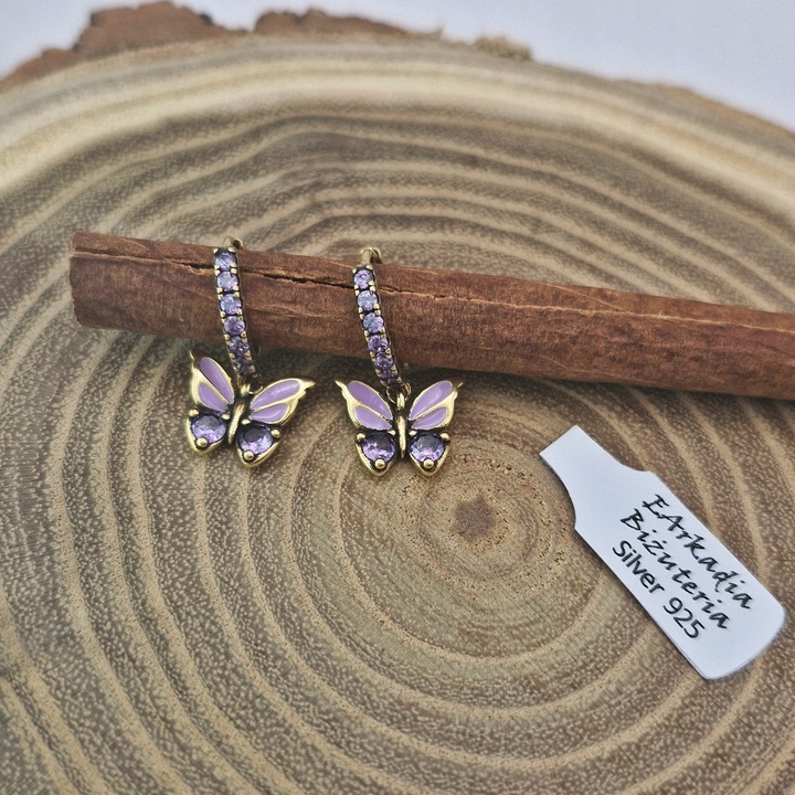 KOLCZYKI SREBRNE ZŁOCONE DZIECIĘCE MOTYLKI WISZĄCE CYRKONIE SREBRO 925