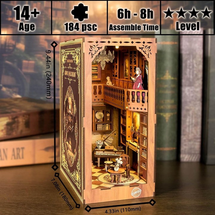 PUZZLE 3D PODPÓRKA DO KSIĄŻEK LED DIY MINIATUROWY DOMEK DREWNIANY BV02-003