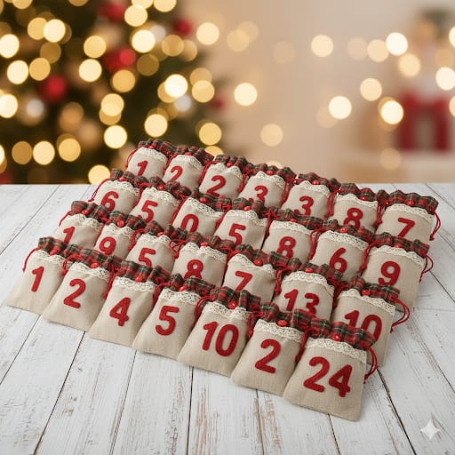 KALENDARZ ADWENTOWY DIY 24 WORECZKI JUTOWE Z KORONKĄ + SZNUREK NUMERY