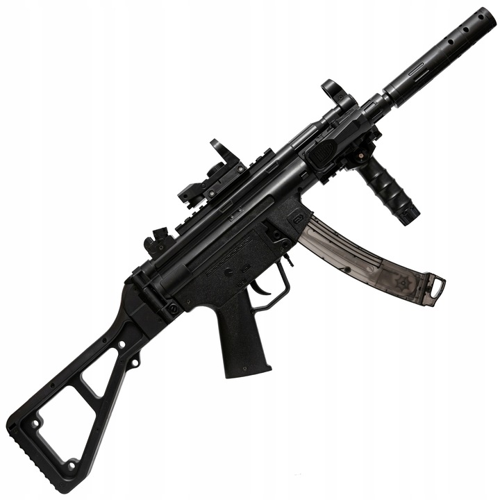 KARABIN MP5 PISTOLET AUTOMATCZNY NA KULKI ŻELOWE Z LATARKĄ 2w1 STRZAŁKI