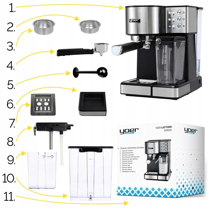 Ekspres do kawy Ciśnieniowy Automatyczny Yoer 20bar 1350W +Spieniacz Mleka
