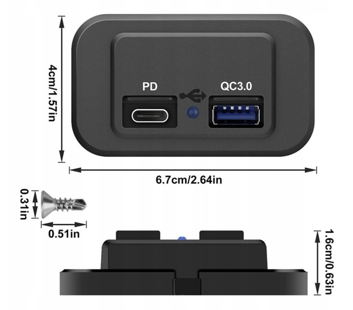 Ładowarka samochodowa do zabudowy 12V USB QC3.0; USB-C PD 3.0