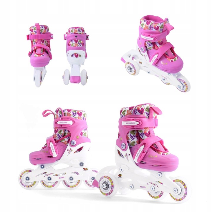 Bezpieczne łyżworolki 2w1 rolki wrotki z regulacją kauczukowe 26-29 Hearts