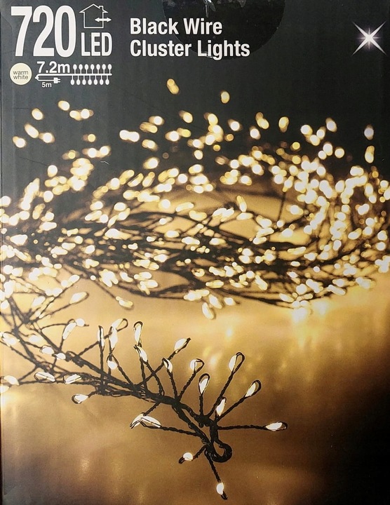 Lampki 720 LED 7,2 metra CLUSTER RYŻ BIAŁY CIEPŁY CZARNY DRUCIK