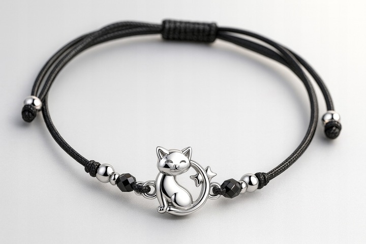 Srebrna Bransoletka Dla Dziewczynki Dzieci Sznurkowa Kotek Srebro 925