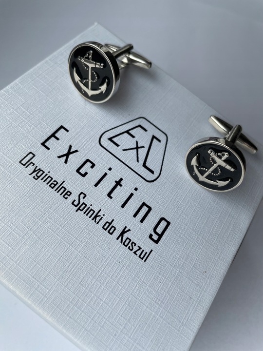 Męskie srebrne spinki do mankietów EXC Kotwica Żeglarskie Czarne Kotwice