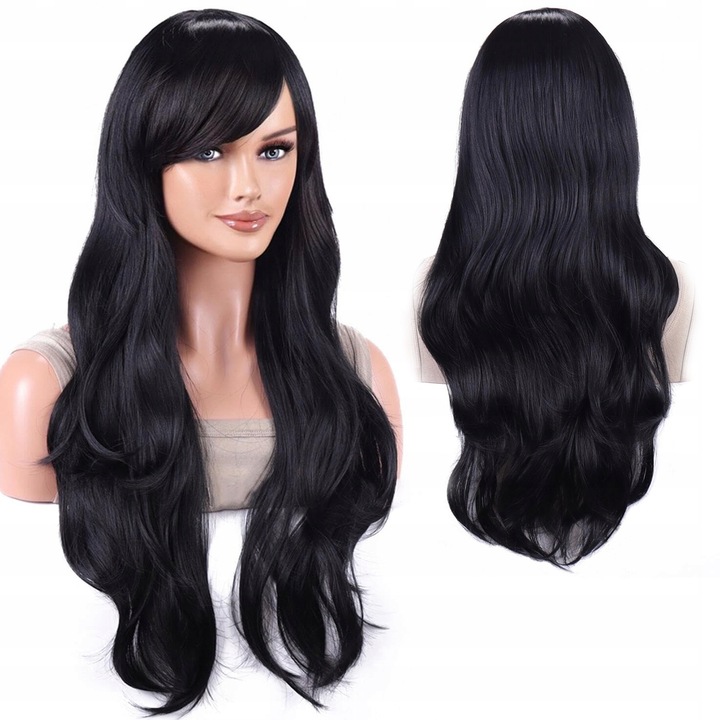 PERUKA DŁUGIE WŁOSY CZARNE KRUCZE FALE BRUNETKA SYNTETYCZNE damskie 70 cm