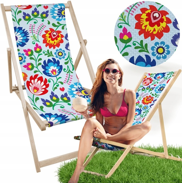 Leżak OGRODOWY DRAWNIANY JASNY z nadrukiem FOLK na PLAŻĘ TARAS BALKON