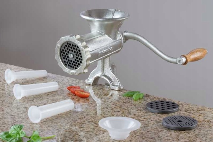 RĘCZNA MASZYNKA do MIELENIA Mięsa Żeliwna nr. 10 Nadziewarka 3 Sita Lejki