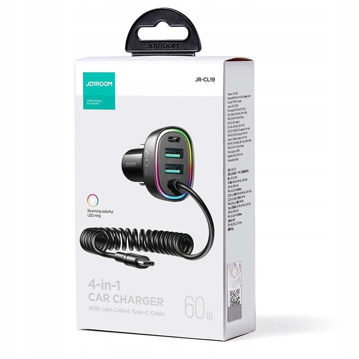 JOYROOM ŁADOWARKA SAMOCHODOWA 2x USB 1x USB C Z KABLEM USB C DO SAMOCHODU