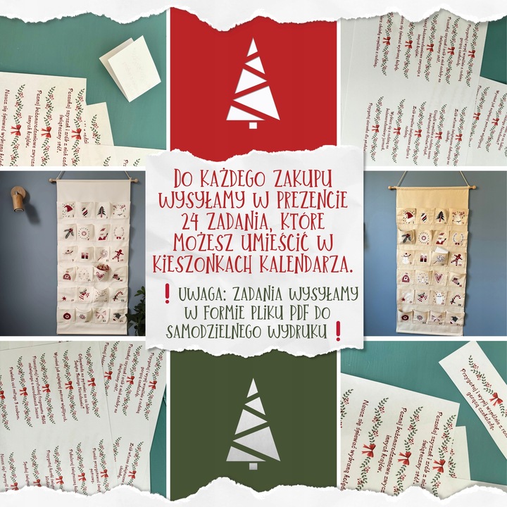 KALENDARZ ADWENTOWY MATERIAŁOWY PŁÓTNO DO ZAWIESZENIA WIELORAZOWY + ZADANIA